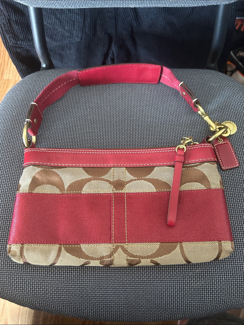 Coach Red and Brown Signature Pattern Shoulder Bag